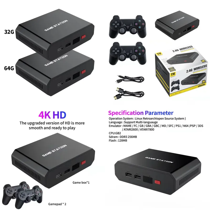 Gaming Console Games - M8plus HDビデオゲームコンソールボックス 2.4GデュアルワイヤレスコントローラーゲームパッドTV 32G/64G 10000シミュレーターゲームプレーヤーセットアクセサリー