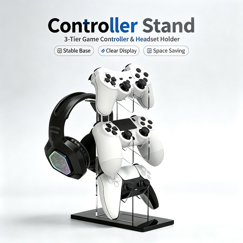 Gaming Console Organizer - コントローラースタンド 3段ヘッドフォンハンガー ゲーム収納ラック 省スペースデスクオーガナイザー PS5 PS4コンソールゲームセットアップ用